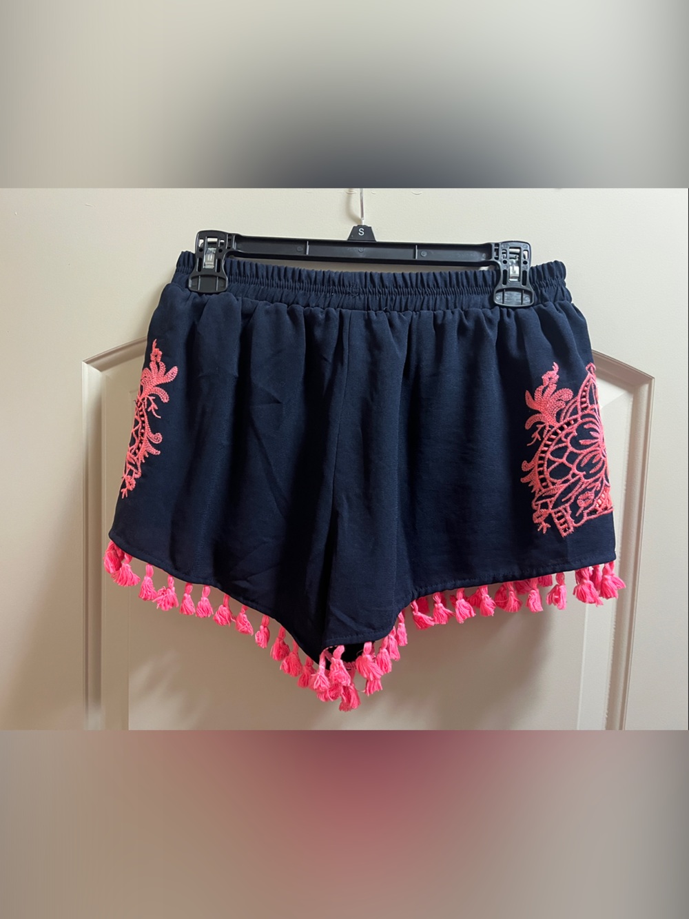 High-Waist Navy Shorts with Pink Tassel Trim